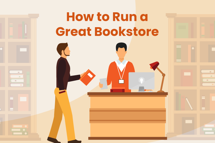 A cashier at a bookstore helps check out a shopper with a few books