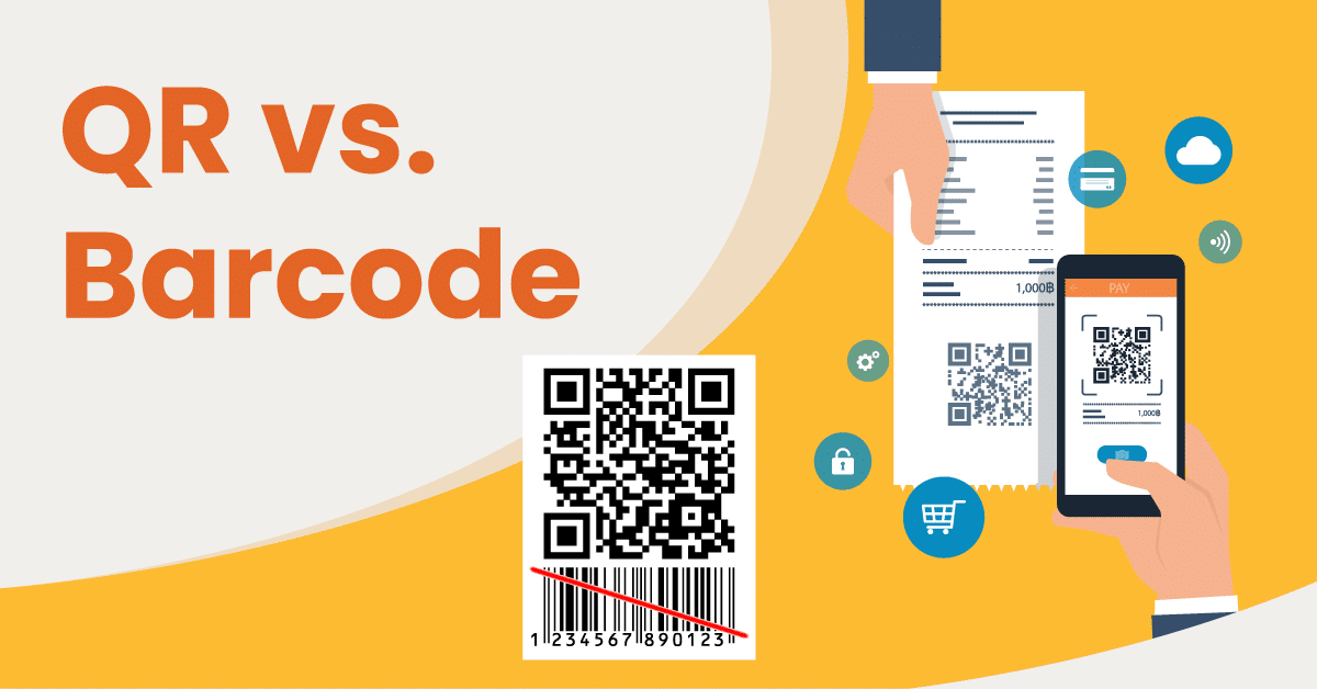 Image of a barcode and a QR code showing the differences between the two