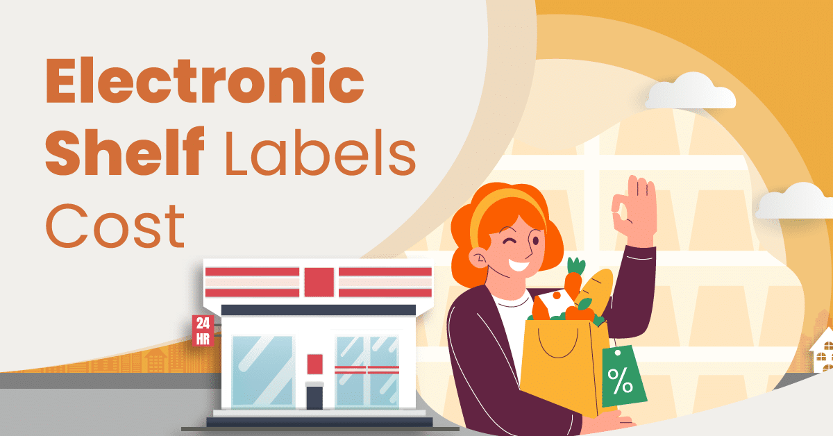 a graphic featured image for electronic shelf labels cost with a smiling shopper